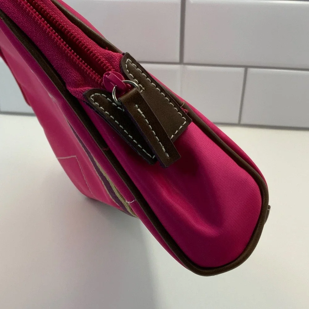 XOXO Hot Pink Nylon Cosmetic‎ Bag Makeup Pouch Brown Trim Striped Accent